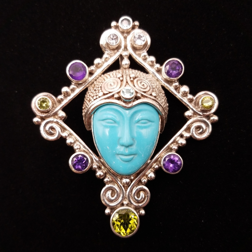 Sterling Silver Sajen Offerings Goddess Brooch Pendant Multi gemstone